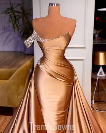 Trendy Gold One Shoulder Mermaid Prom Gown SREAL184