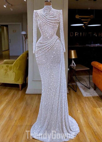 Trendy Sparkle White Sequin Long Sleeve Prom Gown SREAL185