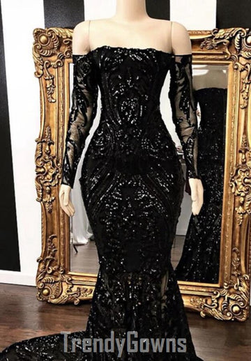 Trendy Black Long Sleeve Off-the-shoulder Mermaid Prom Gown SREAL191