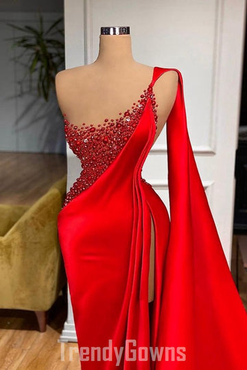 Trendy Red High Split Mermaid Prom Gown SREAL192