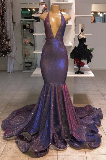 Trendy Bling Deep Sexy V neck Mermaid Prom Gown SREAL193