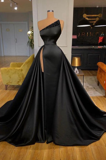 Trendy Sexy High Split Black Beadings Prom Gown SREAL195