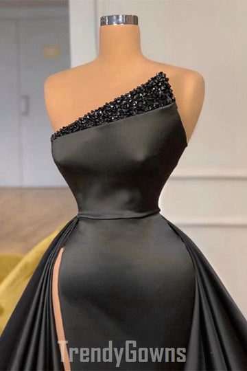 Trendy Sexy High Split Black Beadings Prom Gown SREAL195