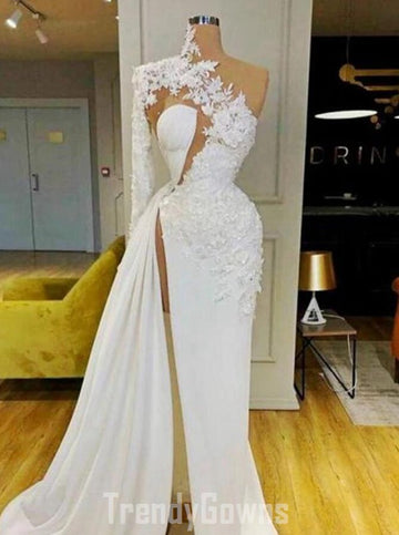 Trendy One Shoulder High Split Long Sleeve Prom Gown SREAL198