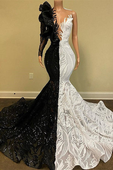 Trendy Half Black White One Shoulder Long Sleeve Mermaid Prom Gown SREAL202