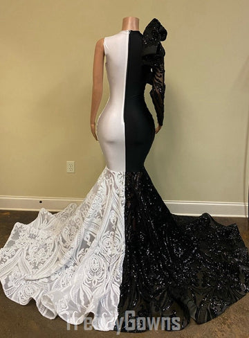 Trendy Half Black White One Shoulder Long Sleeve Mermaid Prom Gown SREAL202