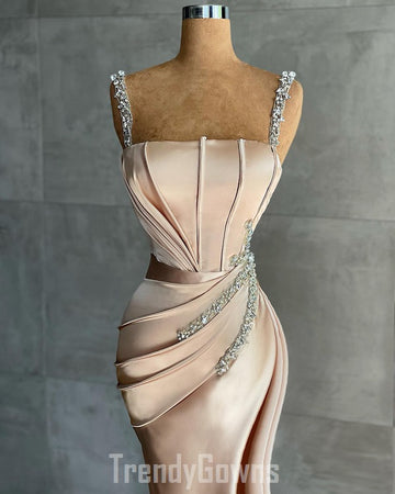 Trendy Rose Gold Beadings Long Mermaid Prom Gown SREAL206