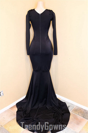 Trendy Black V neck Long Sleeve Mermaid Prom Gown SREAL209