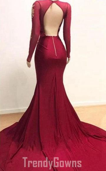 Trendy V neck Long Sleeve Lace Appliques Split Mermaid Prom Gowns SREAL210