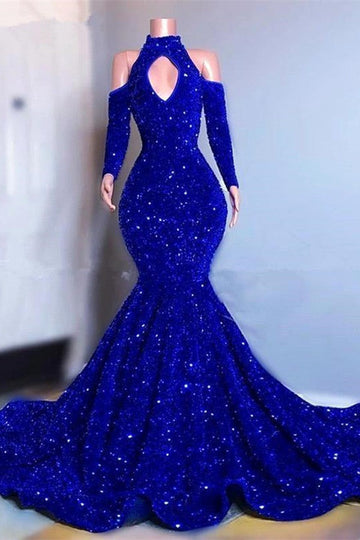 Trendy Royal Blue Mermaid Long Sleeves Prom Gown SREAL213