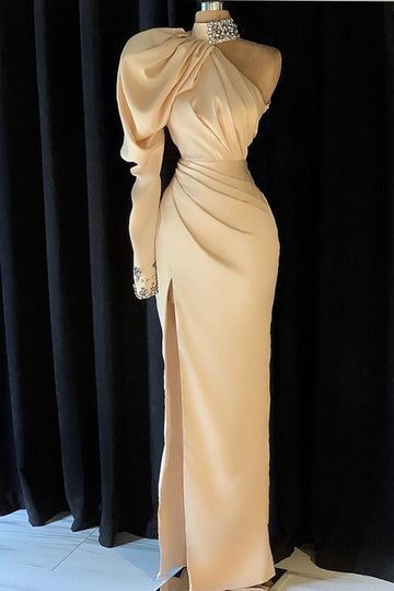 Trendy Champagne High Neck Long Sleeve Mermaid Prom Gown SREAL214