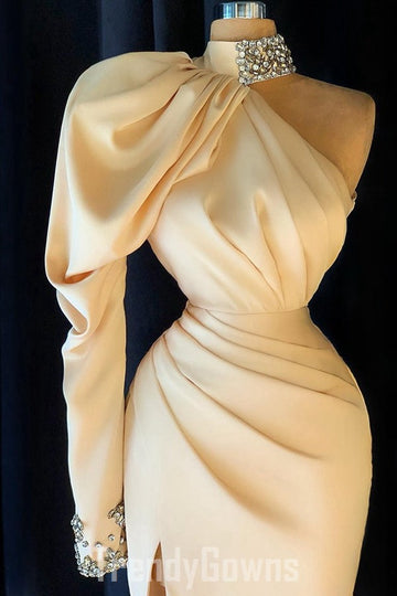 Trendy Champagne High Neck Long Sleeve Mermaid Prom Gown SREAL214