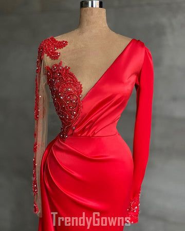 Trendy Red Long Sleeve V neck Mermaid Prom Gown SREAL215