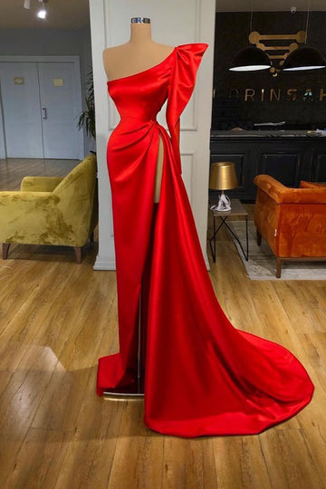 Trendy Bubble Sleeve One Shoulder Red High Split Prom Gown SREAL216