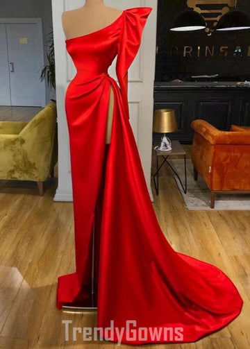 Trendy Bubble Sleeve One Shoulder Red High Split Prom Gown SREAL216