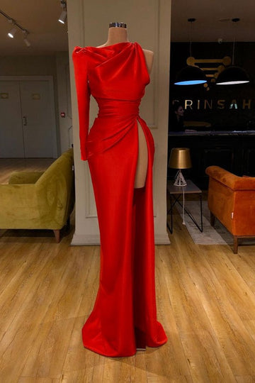 Trendy Red One Shoulder Long Sleeves High Split Prom Gown SREAL217