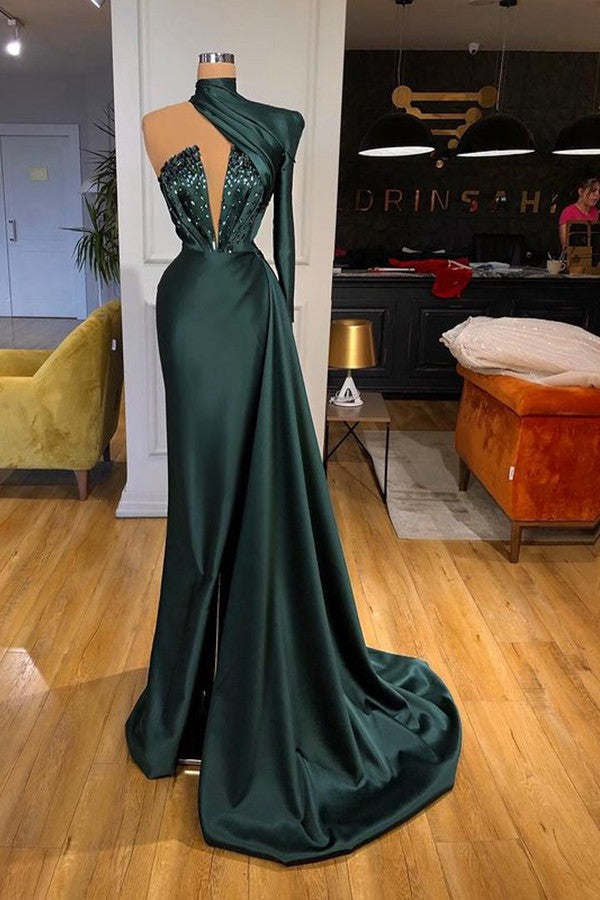 Trendy Dark Green High Neck One Shoulder Long Sleeve Mermaid Prom Gown Trendy Dark Green High Neck One Shoulder Long Sleeve Mermaid Prom Gown