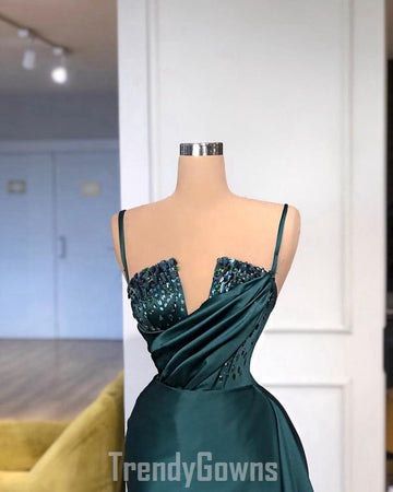 Trendy Dark Green Straps Crystal Mermaid Prom Gown SREAL219