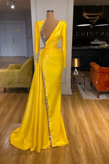 Trendy Yellow Long Sleeve Beading Satin Prom Gown SREAL221